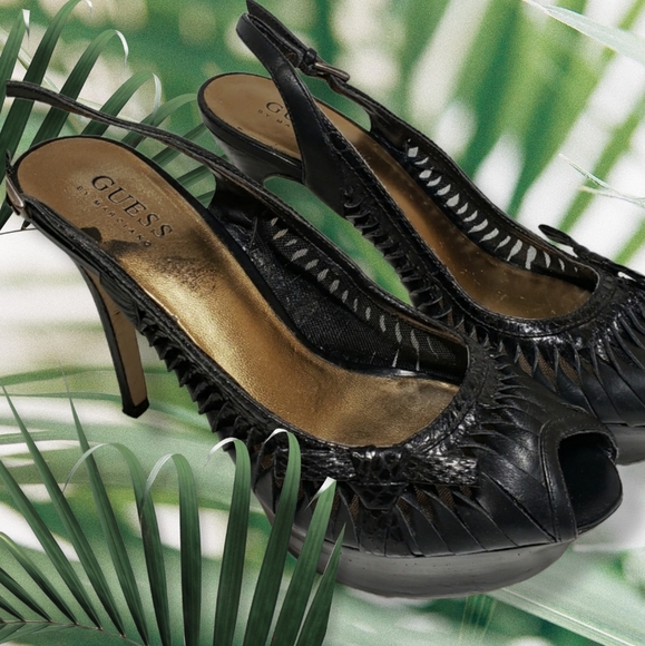 Guess Black Leather Platform Heels Pumps Stiletto Whimsigoth Y2K size 7.5 - Picture 1 of 9